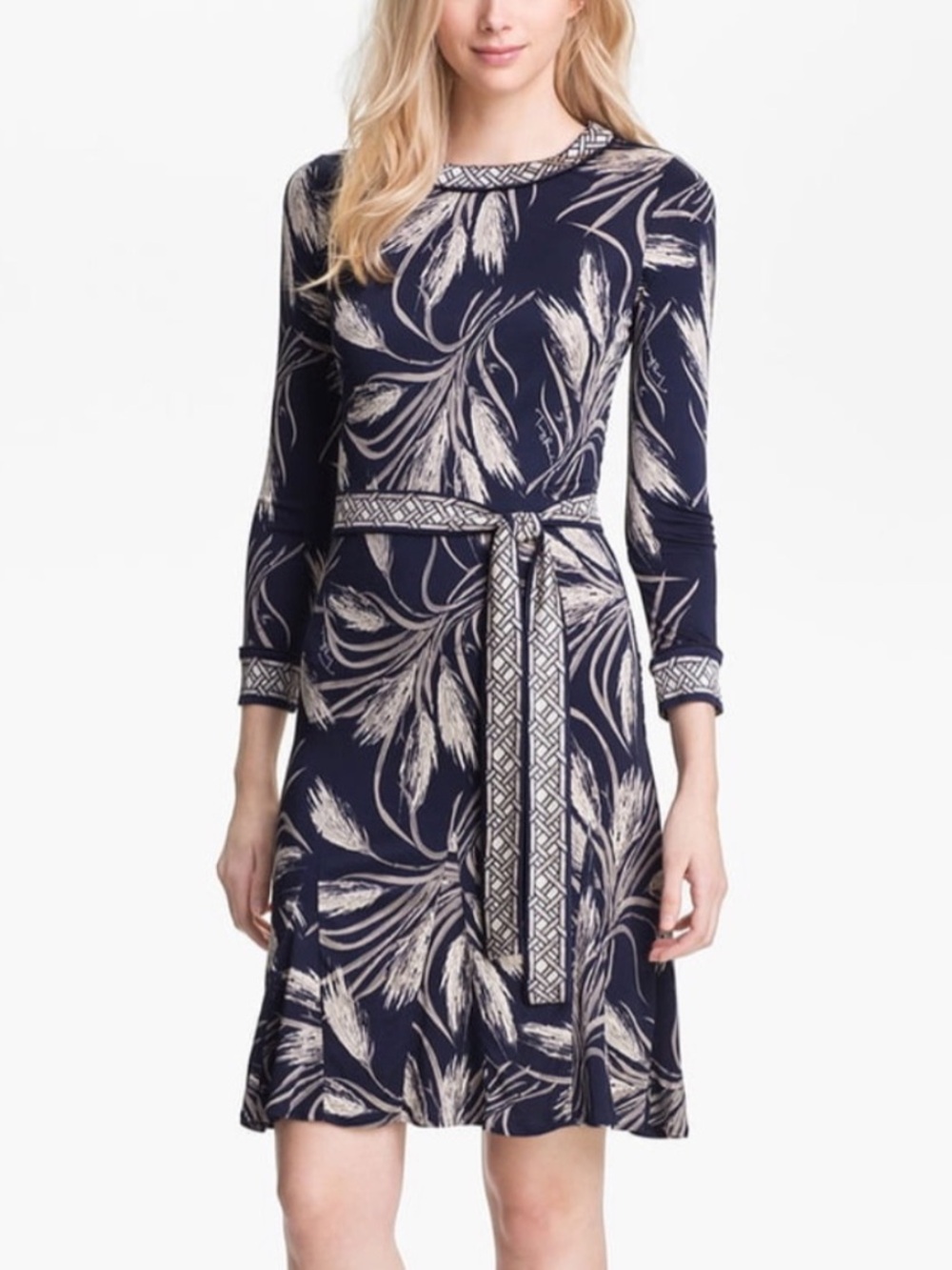 Tory Burch “Claire” Silk A-line Navy/Cream Wheat Tie-Waist Midi Dress (L/XL)